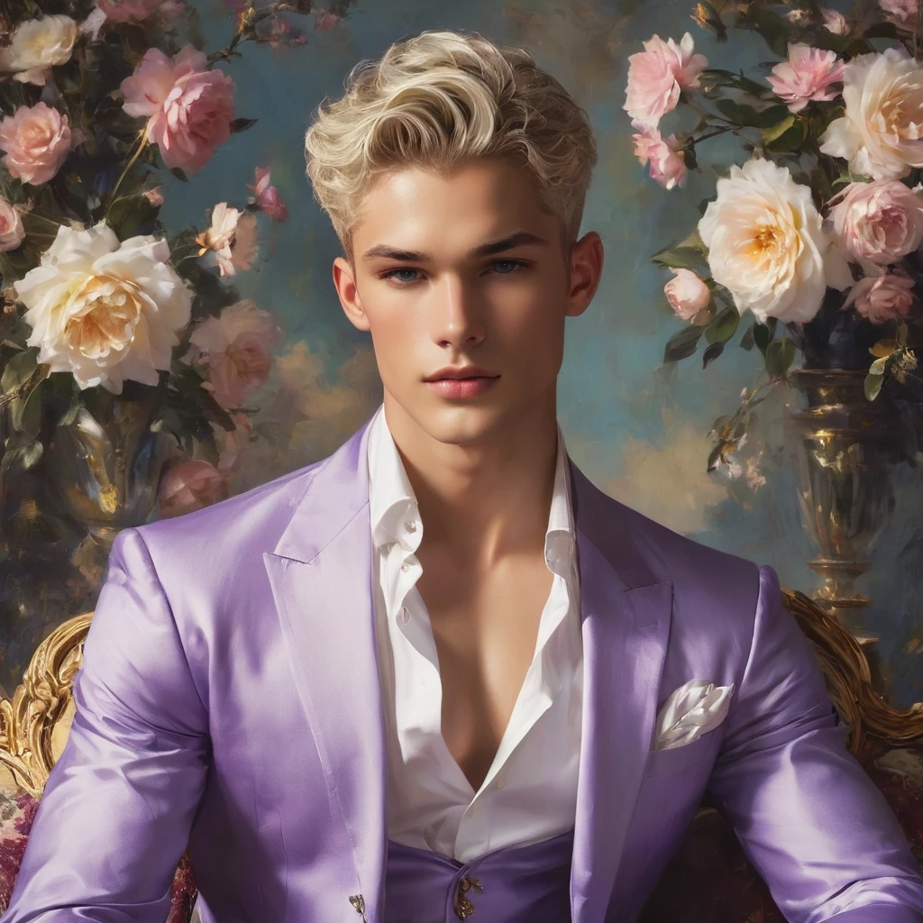 Candid Vogue fashion editorial shot of mixed male supermodel, 23 year old, short platinum silver hair, masculine appearance with slender physique, symmetric face, natural olive skin tone, exudes youthfulness and athleticism, he is very photogenic, laying against an ornate dark purple background featuring a floral painting setting to add depth and richness to the scene, ((Depict Lucifer as a charismatic and sophisticated figure)), He is a striking presence with an air of mystery and intelligence. wears a well-fitted, light purple robe over a white shirt, His demeanor is confident and charming, with a subtle hint of his divine origins in his calm and intense gaze. top view, dynamic angle, Capture (full-body short), dynamic angle, using a Canon EOS R7 and Sigma AF 85mm F1.4 EX DG HSM lens by Thomas Synnamon, evoke the soft ethereal quality of the Renaissance style, raw photo, ((masterpiece)), (best quality), High Resolution, (ultra_realistic), photorealistic, ((Pay attention to the layer and arrangement of body parts and surrounding objects)), ((Pay attention to the body composition)), ((Correct body structure)), ((Correct photo distance)), romantic atmosphere, lively extremely Gorgeous background), Lucifer rose,