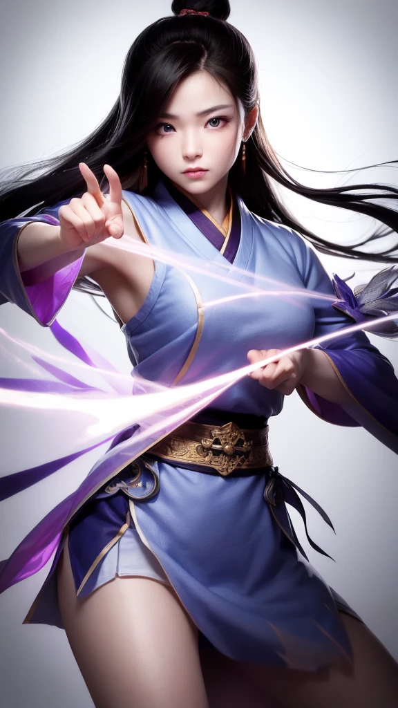 a handsome chinese girl, Sharp eyes, clear facial features, Wearing Hanfu, Fighting Stance, martial arts moves, The body is surrounded by purple mist, Runes around, Holographic Reality, Holographic Aura, Motion blur, Game lighting effects, Edge light, Soft Light, movie Edge light, delicate light, masterpiece, Super detailed, epic work, Ultra HD, high quality, best quality, 32k