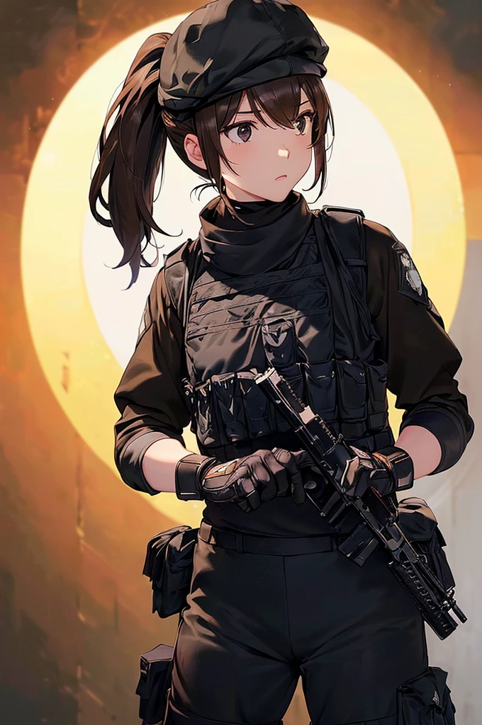 (((masterpiece; best quality: 1.2))), (finely detailed eyes: 1.3), (25 year old woman), (solo), (black eyes: 1.4), (body; toned, fit, soldier: 1.3), (silky brown hair + ponytail: 1.3), (beautiful and clear background: 1.2), ((depth of field)), (equipment: spec ops full black tactical combat-ready gear + kevlar vest + black tactical shirt + black tactical cargo pants + black gloves + black baseball cap + pouches: 1.3), (anime illustration: 1.2), (background composition; military base office: 1.1), (extremely fine and beautiful: 1.1), (shot composition; standing + centered on torso + close-up: 1.5), (expression; calm, stoic: 1.2)