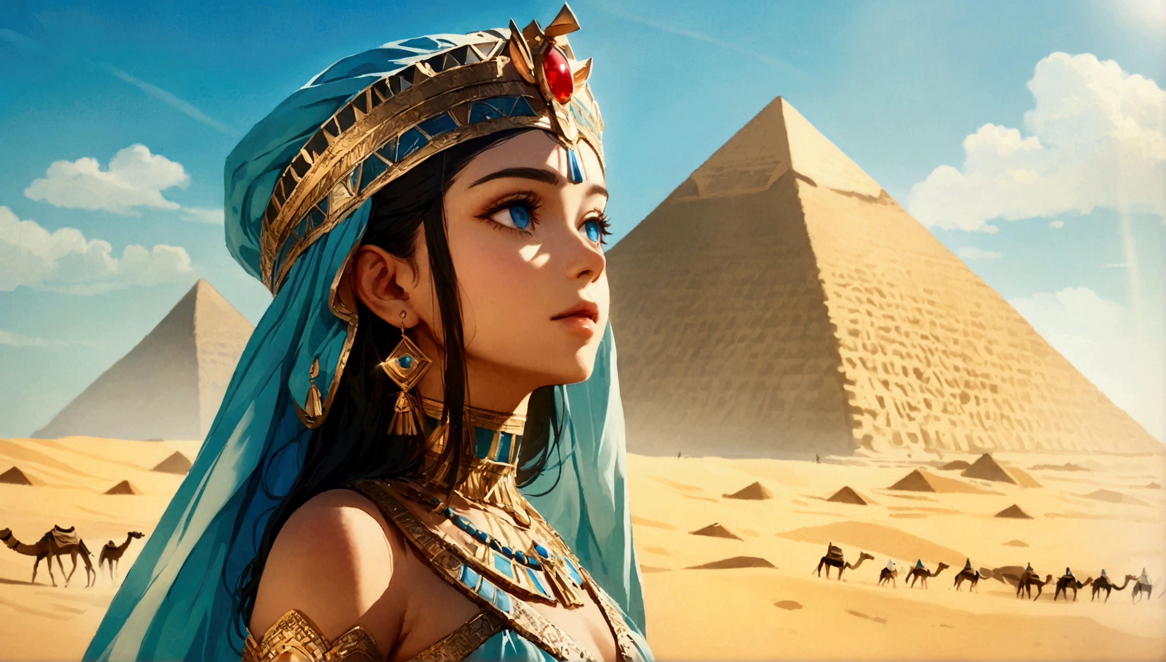 score 9, sorce photo, from side, wide shot, a young gay princess in egyptian style gorgeous dress, looking up at the pyramids, one hand up, clear blue sky, Very strong sunlight, endless desert, A line of camel caravan in the distance, hyper detailed, cinematic lighting, 8k, highly detailed face and eyes, intricate ornate jewelry, flowing fabric, masterpiece, 