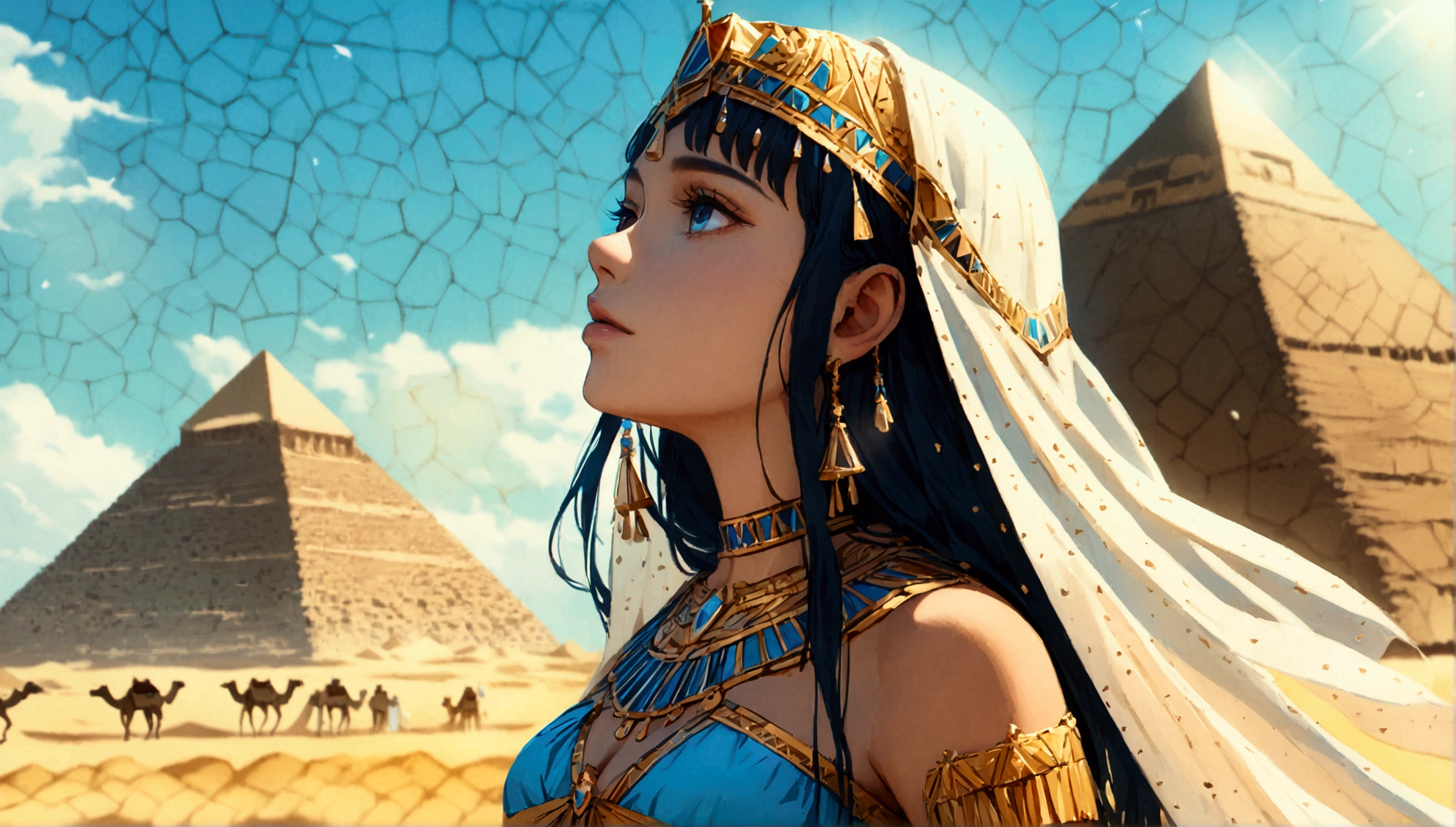 score 9, sorce photo, from side, wide shot, a young gay princess in egyptian style gorgeous dress, looking up at the pyramids, one hand up, clear blue sky, Very strong sunlight, endless desert, A line of camel caravan in the distance, hyper detailed, cinematic lighting, 8k, highly detailed face and eyes, intricate ornate jewelry, flowing fabric, masterpiece, 