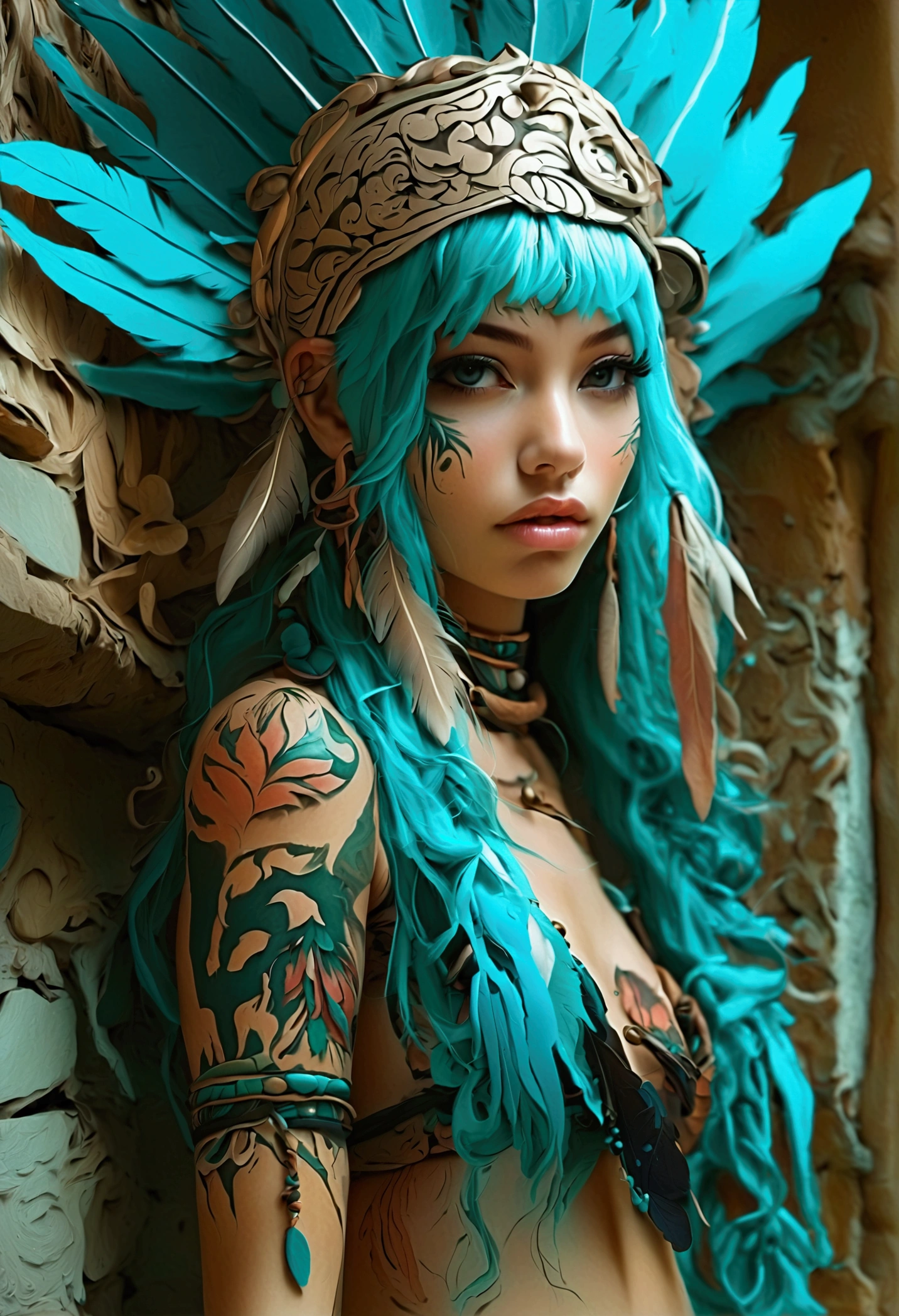 amazon girl, hair color aqua lsrgo add high definition add_detail:1, kitsune ears, tribal tattoo add_detail:1, in ruins in the jungle, barefoot, tribal costume add_details:1, giant aquamarine feather wings_detailsl:1 ,alas hermosas la mejor calidad y detail en las plumas, add blue saturation light_detailsl, sensual pose, whole body 