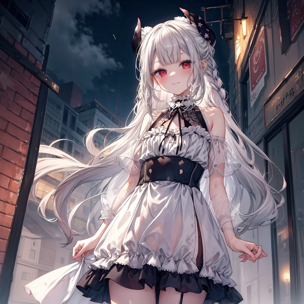 ((Highest quality)), ((masterpiece)), ((detailed)), (nsfw), 1ghost girl, 独奏, pale skin, silver hair, long hair, flat chest, white sundress, pantyless, spread legs, heterochromia, yellow eye, (sad), sad smile, aroused, rain, (wet), night town, see through, (looking down), (from below), looking at viewer, cowboy shot