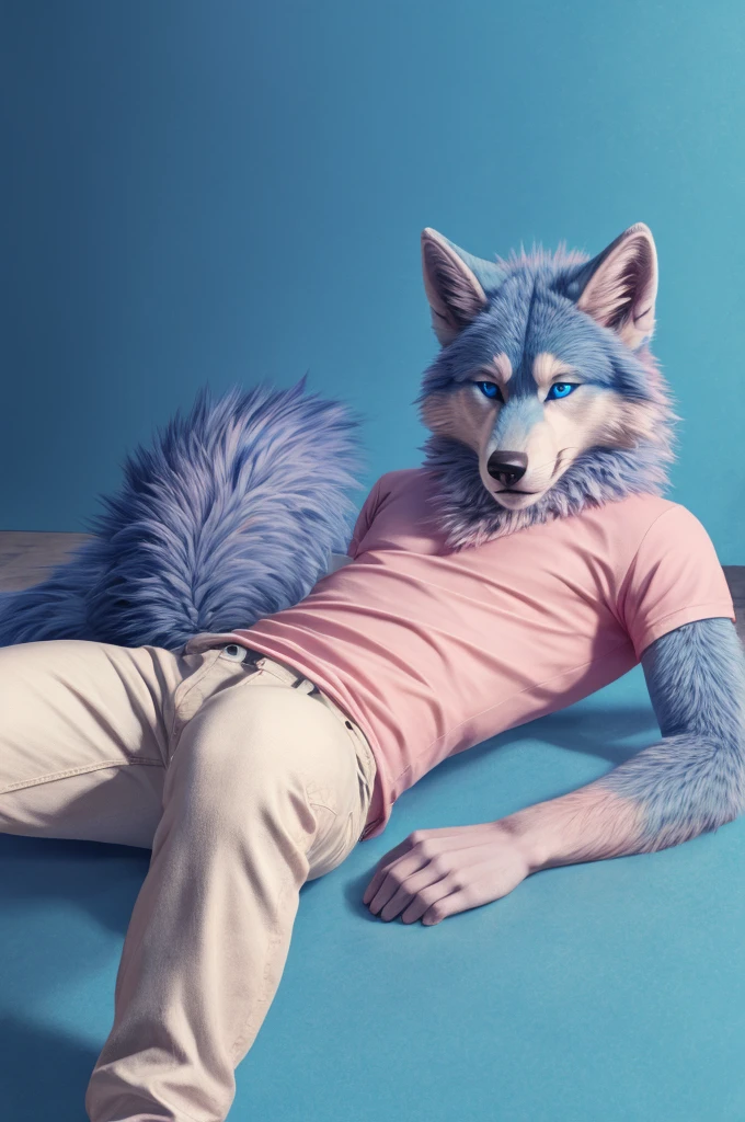 full body Male blue wolf furry blue eyes blue background fluffy tail lying down on the floor with squat legs open skinny light pink color jeans and pink shirts