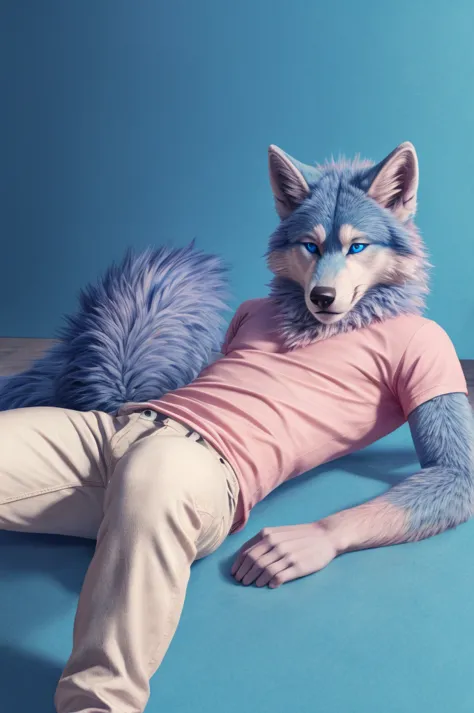 full body male blue wolf furry blue eyes blue background fluffy tail lying down on the floor with squat legs open skinny light p...