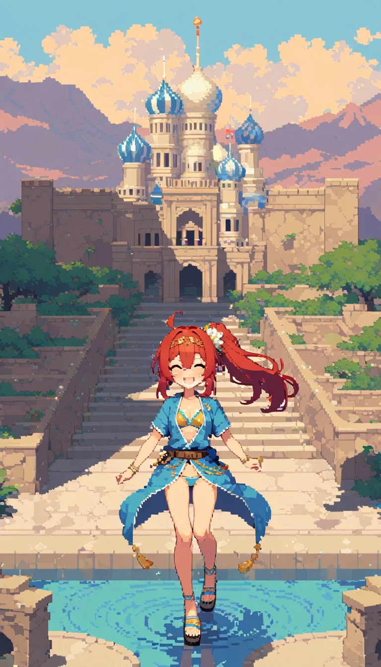 masterpiece, Highest quality, 8K, Pixel Art, ((One woman)), whole body, smile, He is laughing with joy., Showing teeth, Squinting, Red Hair, Hair swaying in the wind, Side Ponytail, Fluttering, Circlet, {{Jewelry decoration, Gold ring on wrist, Gold ring on ankle}} , Blue Vest, bikini, 際どいbikini, See-through pantaloons, Sandals, Obi sword at waist, Leather Belt, desert, A stone castle in the distance, palace, Artificial pond, lotus, lotusの花