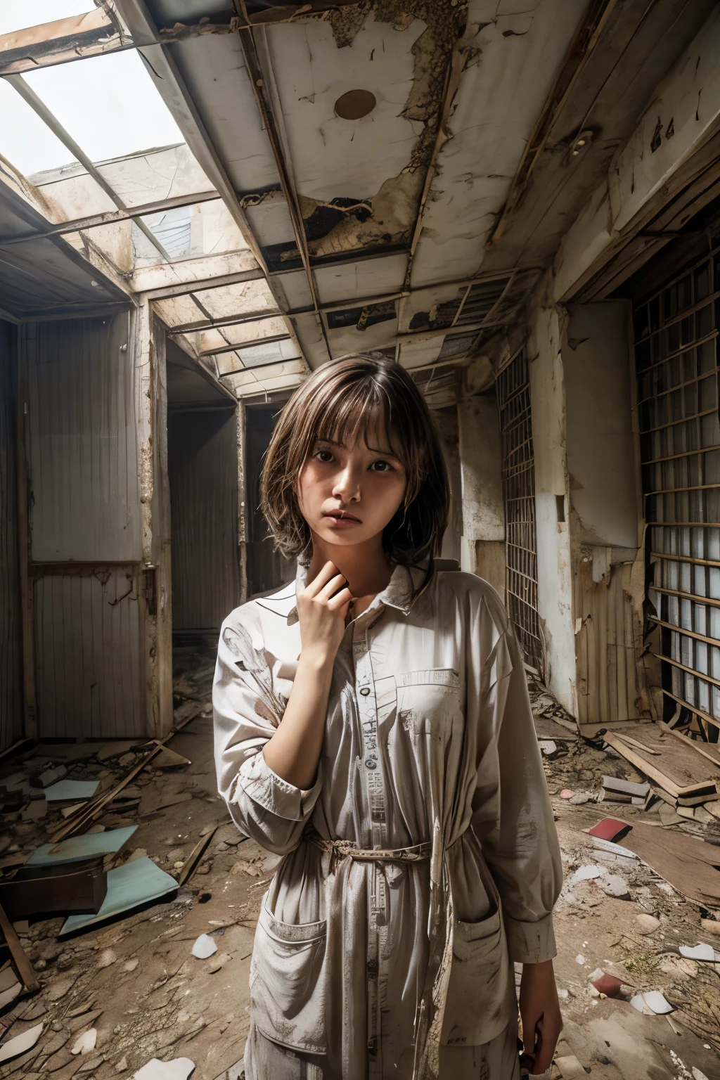 Una mujer que ha estado cautiva en un edificio abandonado.、