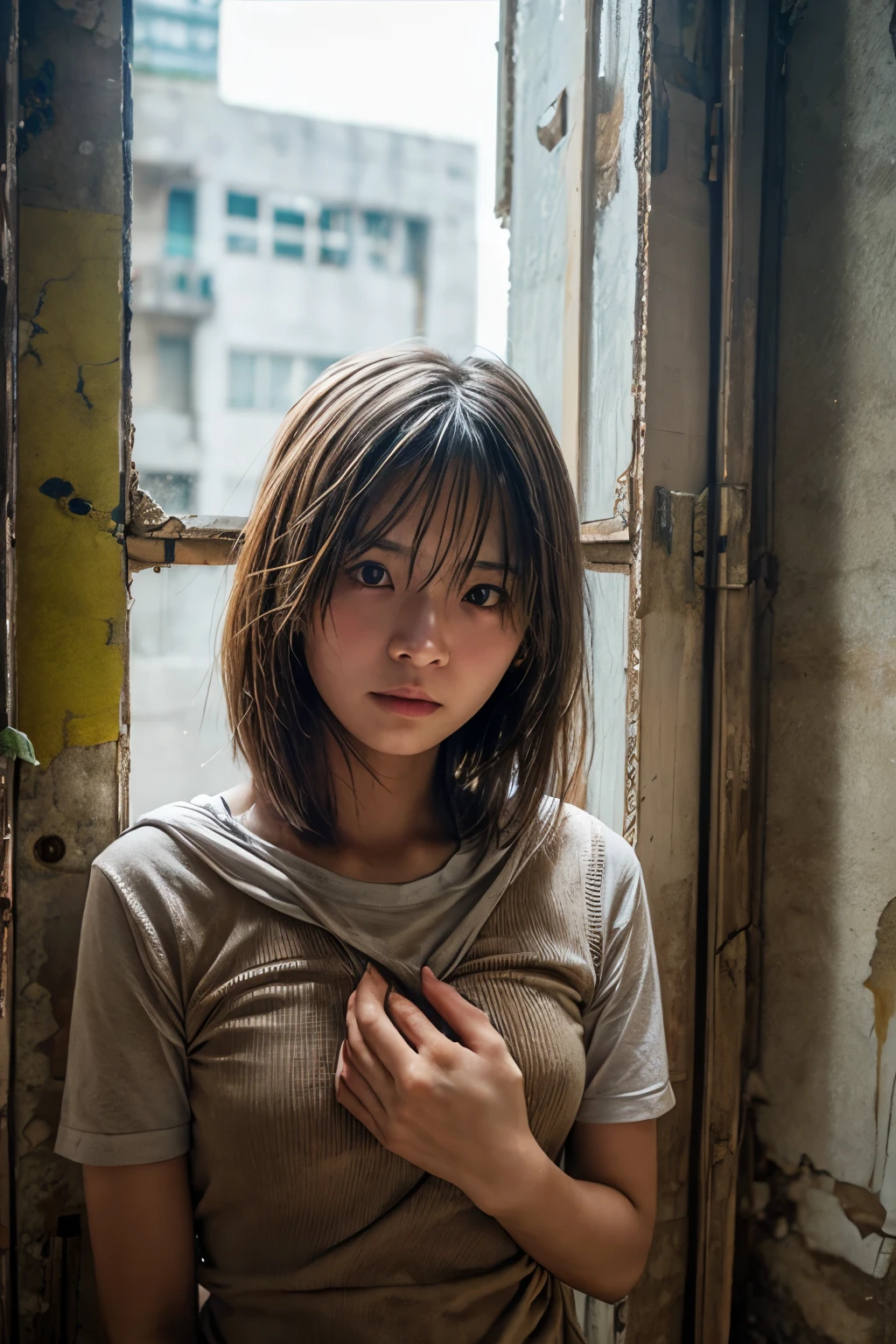 Una mujer que ha estado cautiva en un edificio abandonado.、