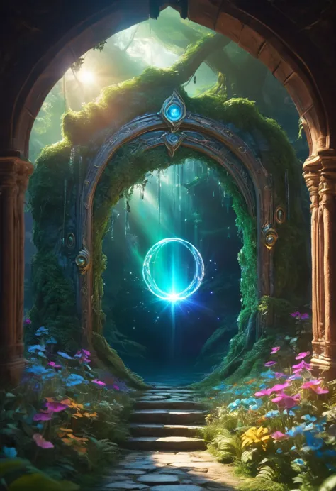 a fantasy world with a magical portal, everything was magical, the atmosphere is full of magical color films, high detail, best ...