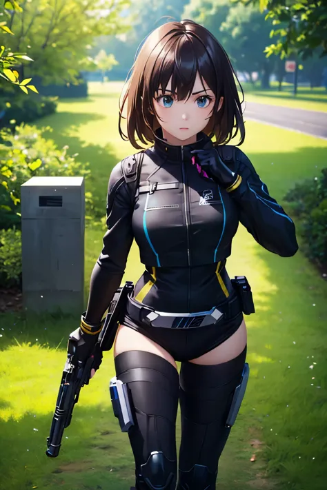 1girl, solo,black power ranger costume, holding a gun,,, looking at viewer, walking in the park, (extremely detailed cg unity 8k...