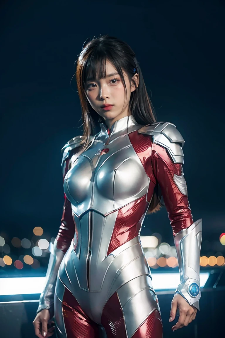 ultraman、realistic、realistic、movie light, Young woman in a shiny red and silver suit、15 years、professional photos、wear&#39;Don&#39;t expose your skin., Japanese model, Japanese CGI、ultraman Suit、, Power Rangers set、Tight and thin cyber suit,Has rubber all over.、there&#39;s pink there、 delicate body, big breasts、small ass、thin thighs、Thin arms、Thin waist、camel toe、Both sides of the cybersuit cling to the skin.、Big eyes、black short hair、Facing the front、Facing the front立っている、A glowing sphere is embedded in the chest..、essay exam、 blue sky background