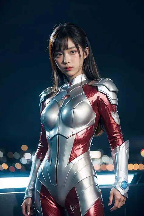 ultraman、realistic、realistic、movie light, young woman in a shiny red and silver suit、15 years、professional photos、wear&#39;don&#...