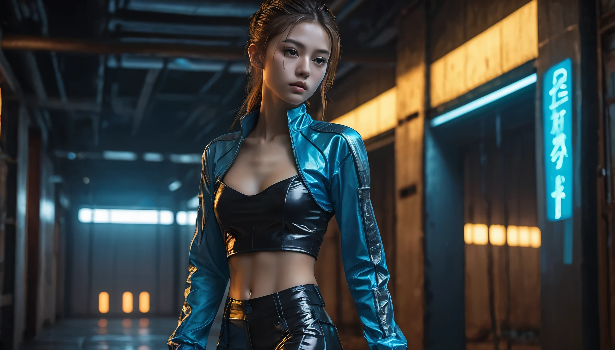 Top Quality, Masterpiece, High Resolution, 8k, (((cute skinny barely legal girl in oversized crinkle top and wetlook leggings, bare belly, wide neckline, deep neckline, small perky breasts, beautiful detailed eyes, beautiful detailed lips, small closed mouth, extremely detailed face, long ponytail hair, small hips))), cyberpunk apartment, moody atmosphere, dramatic and random neon colors, futuristic setting, intricate details, at night, backlit, full body shot, view from distance 