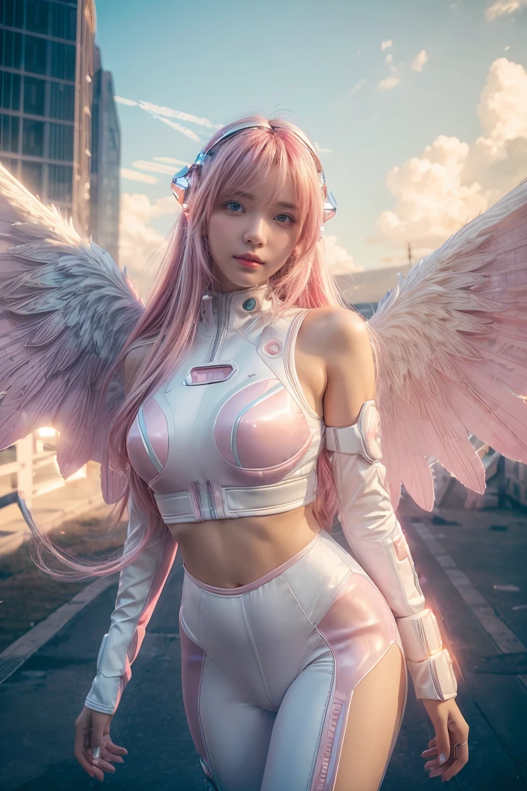 ((masterpiece, best quality, extremely detailed), volumetric lighting, ambient occlusion, colorful, glowing), 
1girl, solo, young girl, (pink hair), long hair, halo, aura, sacred, godness, cyber suit, (white outfit:1.3), android, bot, angel wings,
outdoors, sunset, sky, clouds, space, (cyberpunk theme:1.2),