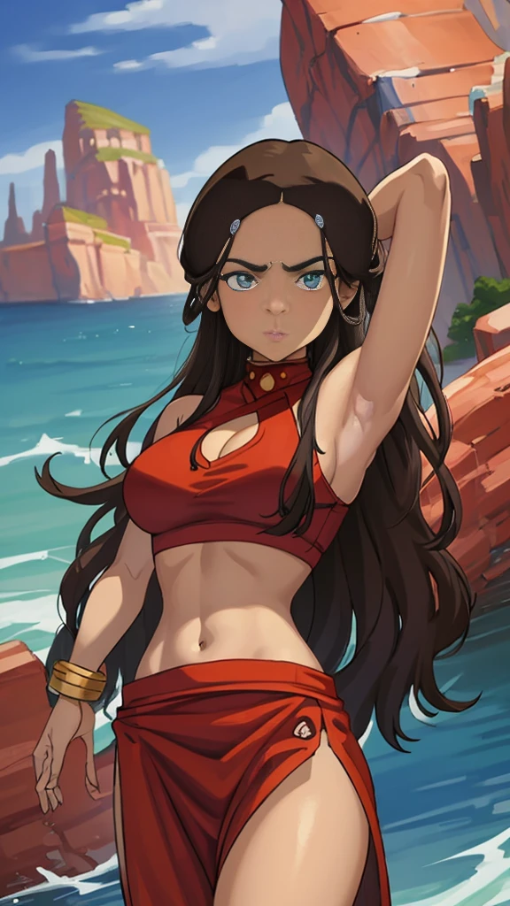 masterpiece, best quality, highres, highest quality, absurdres, kataras3, dark skin, traditional media, (painting \(medium\)), bracelet, long hair, brown hair, crop top, midriff, navel, sharp expressive eyes, perfect face, wide hips, thick lineart, atmospheric lighting, smooth, beautifully detailed riverbank background, cinematic composition, Joe Madureira,  red clothing, 