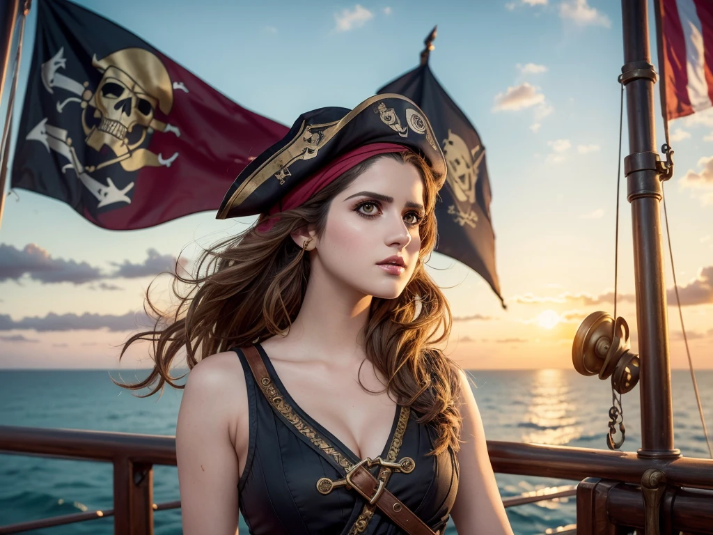 (Laura Marano) Une belle femme pirate, yeux détaillés, lèvres détaillées, visage extrêmement détaillé, long cils, tenue de pirate, expression confiante et féroce, debout sur le pont d&#39;un navire, surplombant la vaste mer, drapeau pirate agitant dans le vent, coucher de soleil doré projetant une lueur chaleureuse sur elle, style de peinture à l&#39;huile artistique, Chef-d&#39;œuvre haute résolution:1.2, couleurs riches, Éclairage dramatique,Couleurs vives, Contraste élevé