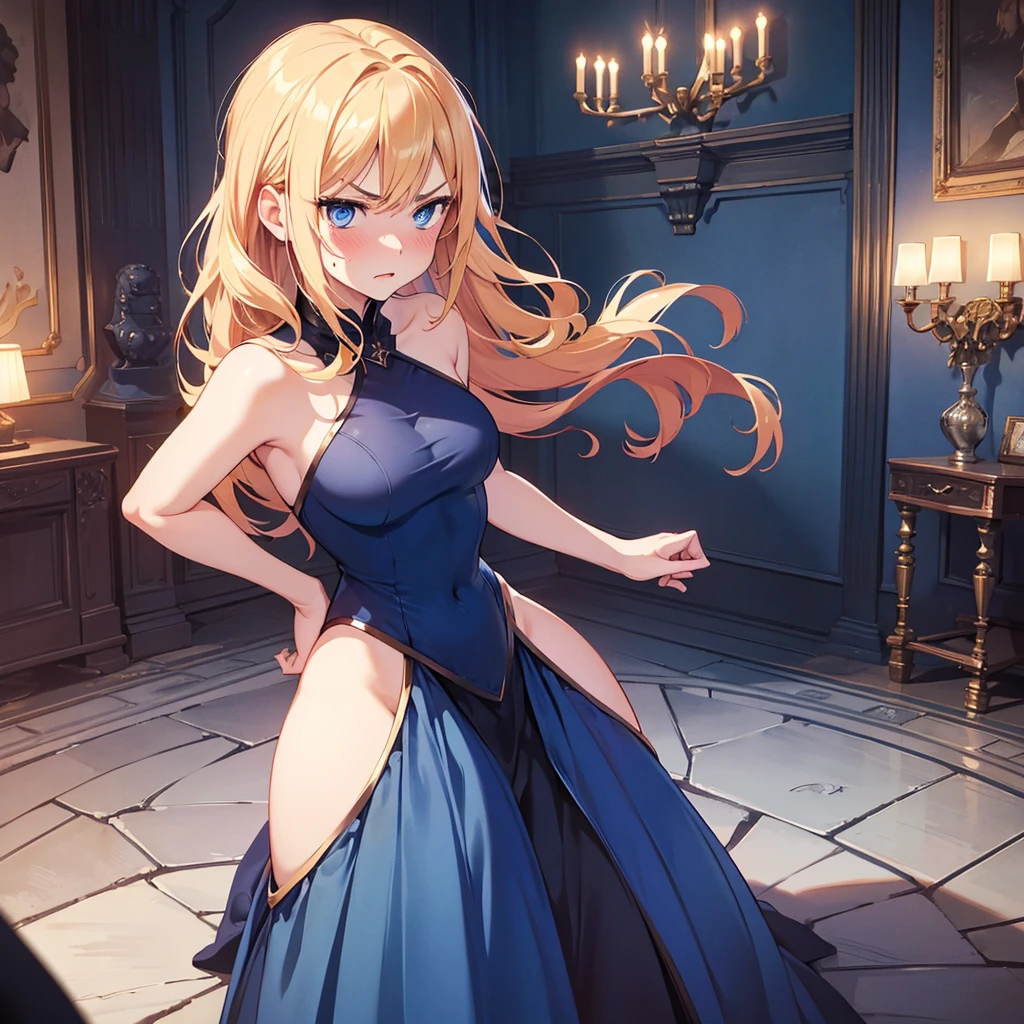 NSFW, (((1Woman))), ((best quality)), ((masterpiece)), (detailed), beautiful face, (((angry expression))), (defiance512:1.2), (((medium wavy hairstyle))), (((blue conservative dress outfit))), (((castle interior background))), big blue eyes, ((blush cheeks)), angry dominant expression, (((standing dominant pose))), (((blonde hair colour))), (((bright glowing hypnotic blue eyes))), (((skinny figure))), intense seductive gaze, contrasting soft skin, (lighting:1.2), 4:3 aspect ratio, full body, medium-size concealed