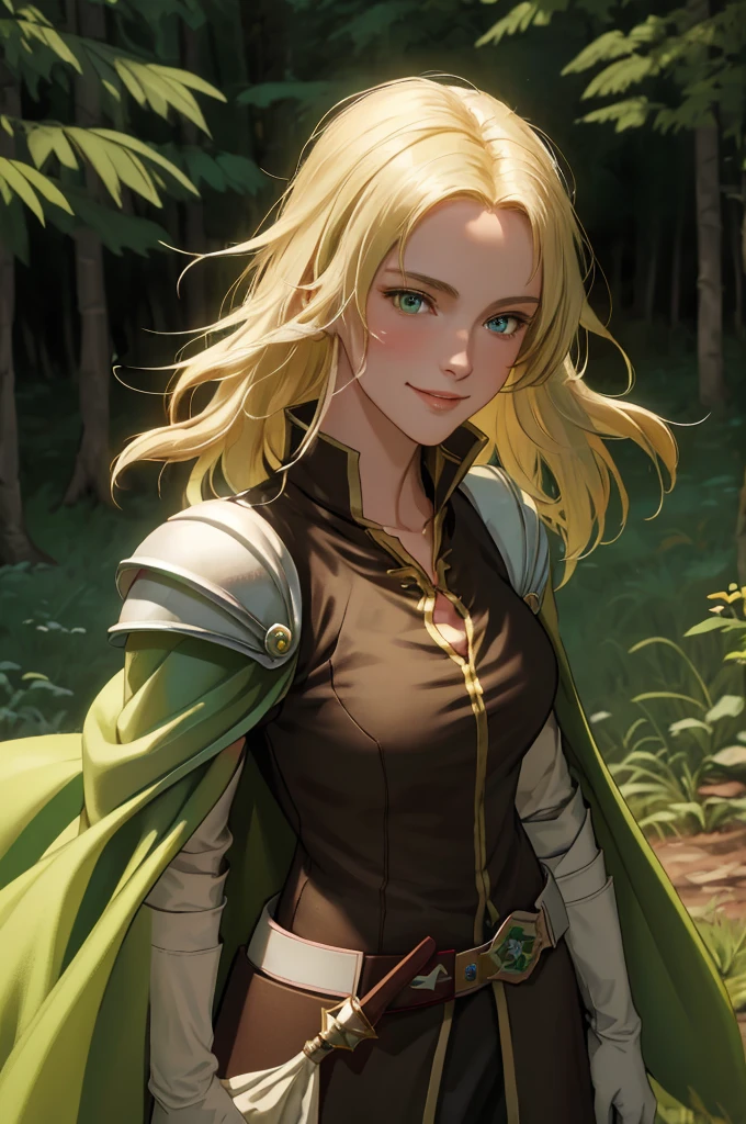 masterpiece, best quality, feSelena, brown tunic, green cape, white elbow gloves, shoulder armor, belt, upper body, looking at viewer, serene smile, forest, bog, sunset, medium hair length