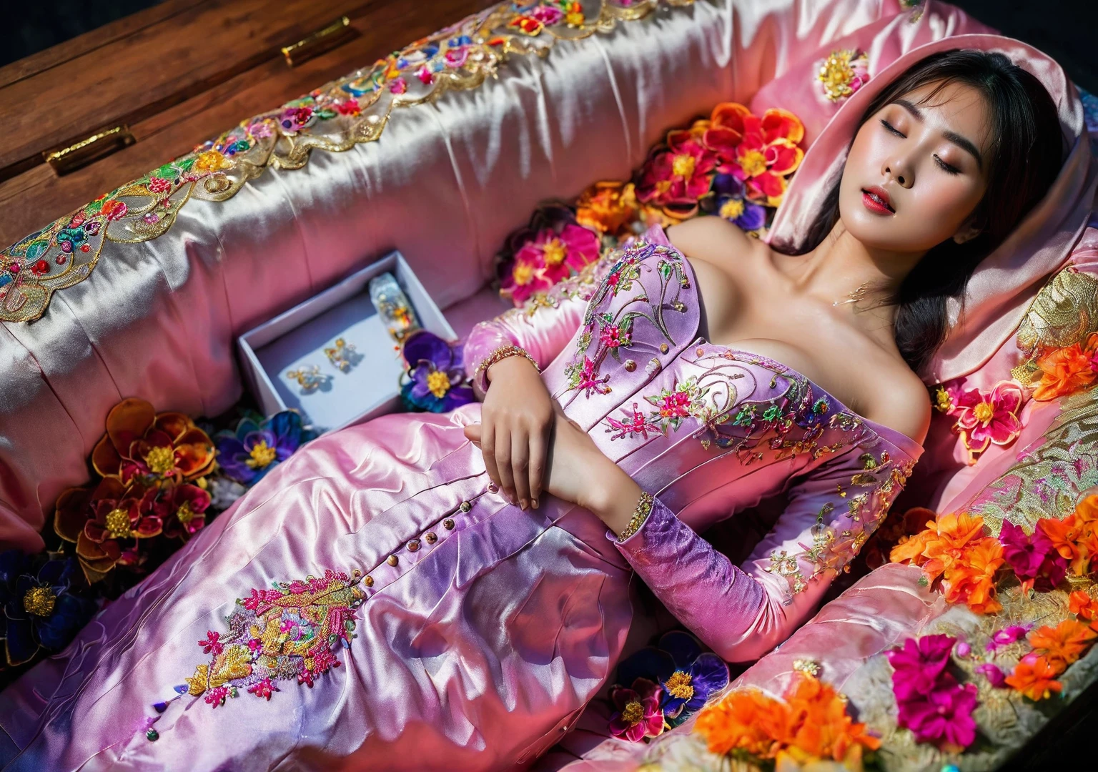 In a striking 8K HDR scene, a stunning Korean woman, 22 years old, lies peacefully in a colorful coffin surrounded by plush pillows. The deep box is set against a rich black background, accentuating the beauty of the subject. Her exquisite kebaya with sleeve attire is embroidered with superb detail, showcasing her round and firm breasts, perfect cleavage, and beautiful eyebrows. Her closed eyes and mouth give an air of serenity, while her visible and absolute cleavage leave nothing to imagination. The scene is bathed in saturated colors, highlighting every intricate aspect from the ball skirt to her clean face, straight body, detailed hand perfect hands, straight body.