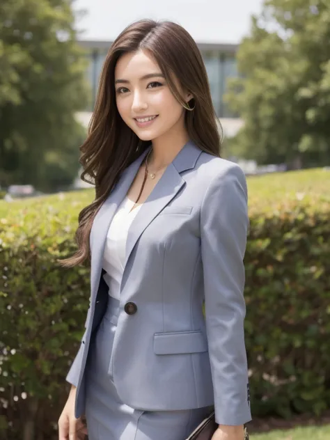 One Girl，Professional dress，Small Suits，shirt，Long brown hair，Esbian all over，In nature、noon，chest side，Walk from the front，Esbi...