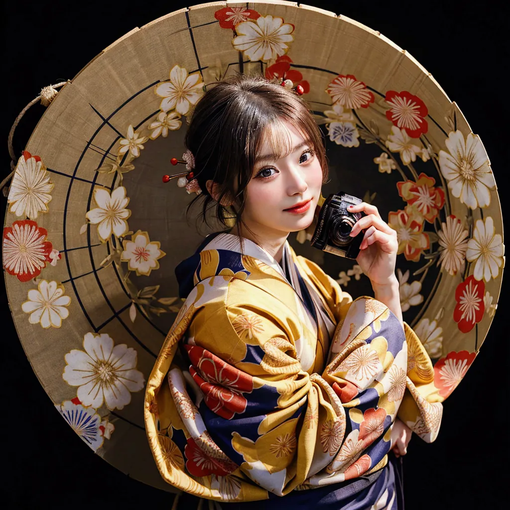 arafed woman in kimono holding a camera and taking a picture, a mix of anime style and fujifilm, photograph portrait 4 k, photog...