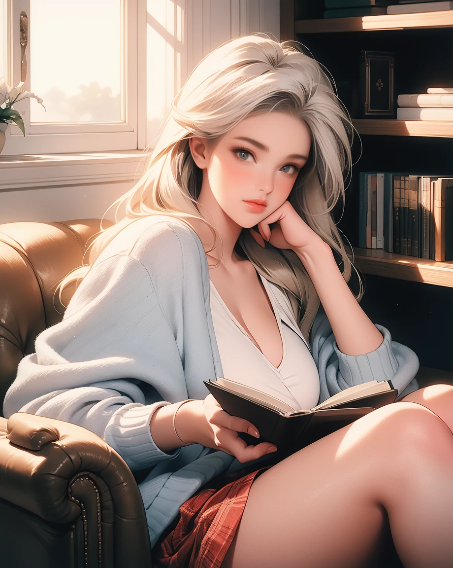 (best qualityer, ultra detali), a girl reading a textbook, beautiful detailed eyes, (greeneyes:1.2), beautiful detailed lips, long eyelashes, study, a quiet library, soft natural lighting, Shelves full of books, curled up in a cozy armchair, reading glasses, concentrated expression, loose hair, (White hair:1.3), plaid skirt and blue sweater, high resolution image, bright coloured, Ultra-realistic, photorrealistic, fot, photogenic, bokeh.