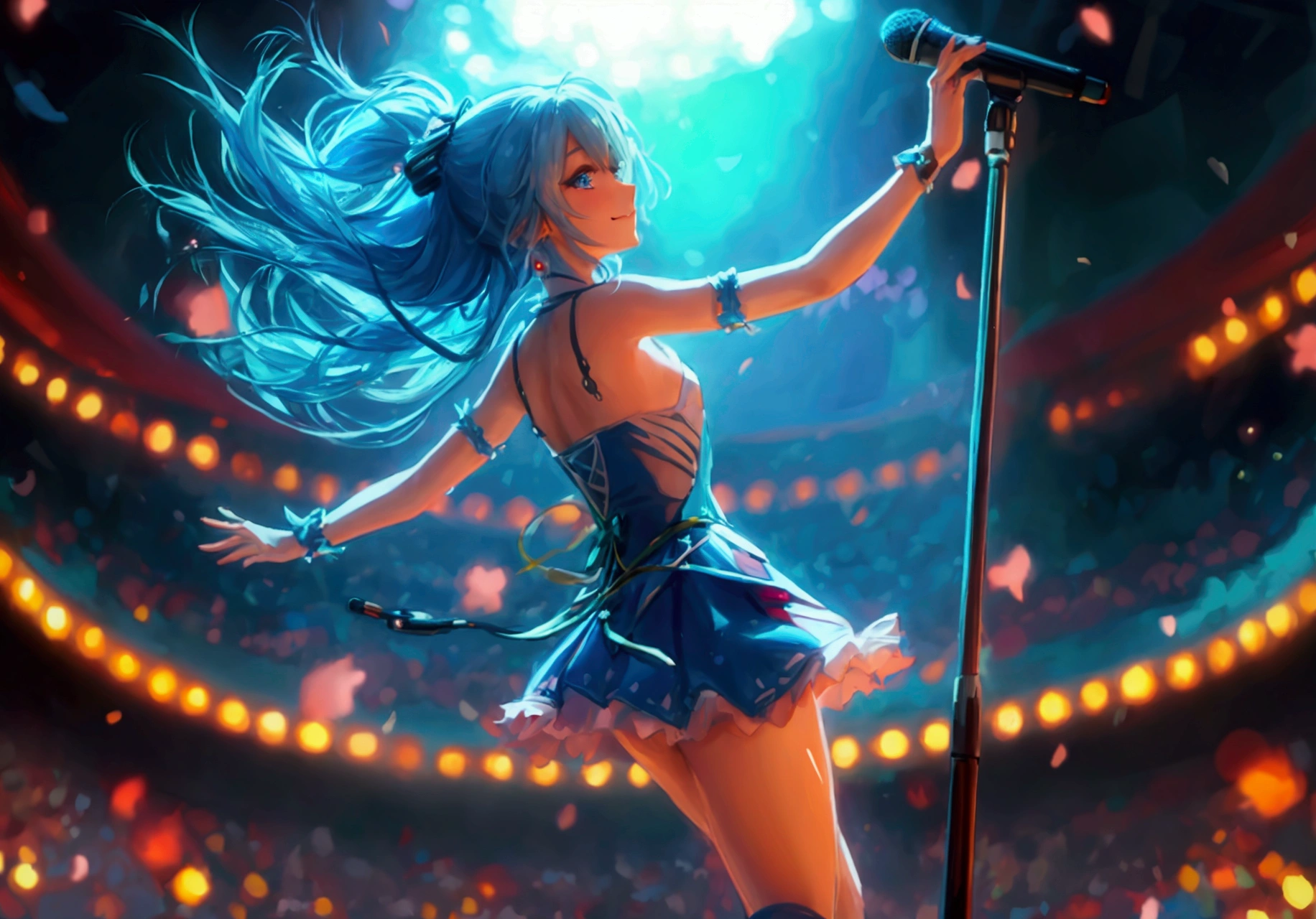 Animated woman with blue-green hair, arena, live music venue, singing, microphone, jumping,
Animation style, anime style, young anime woman, smiling, semi short hair, digital anime illustration, bangs, crystal hair, shiny hair 
white dress, snowflake earrings, serious, shining, reflected light, ((flat chest)), ((flat chest)) 
Guitar, long straight pink hair, droopy eyes, blue eyes, pink kimono with white frills, cherry blossom pattern, female
Gray hair, ponytail, 20s female, drums, playing