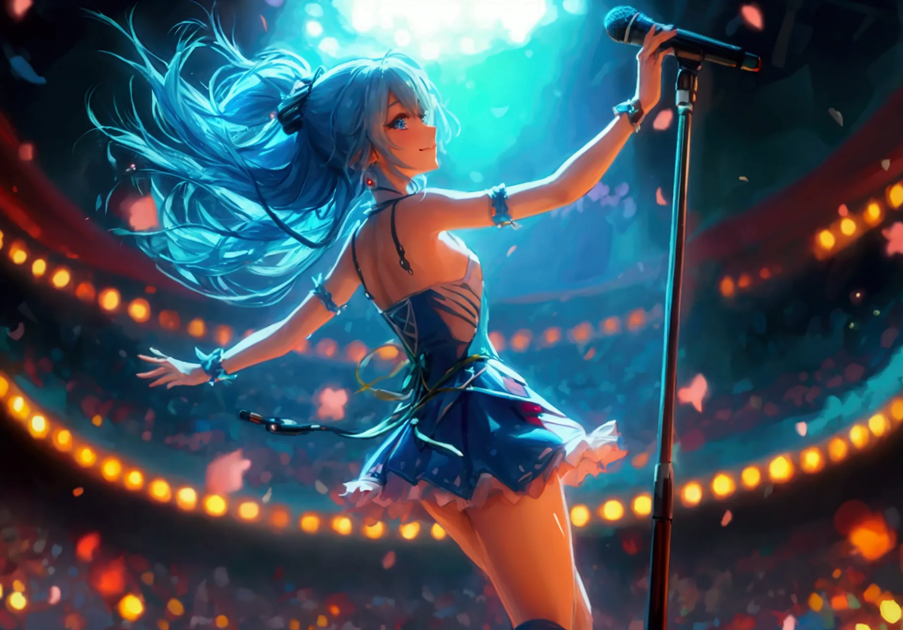 Animated woman with blue-green hair, arena, live music venue, singing, microphone, jumping,
Animation style, anime style, young ...