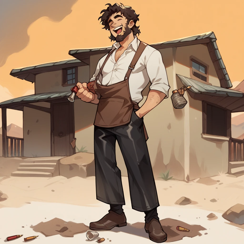 score_9, score_8_up, score_7_up, score_6_up, score_5_up, score_4_up, 1man, Western, black wavy Messy hair, burnt hair, Leather apron, White button-down shirt, black pants patched, Failed beard, young adult, Thin, full body, Holding a Dynamite bomb, outside a house in the desert, Dirty with soot, Laughing, explosives, dynamite, Hunchback, Poorly groomed beard, failed beard