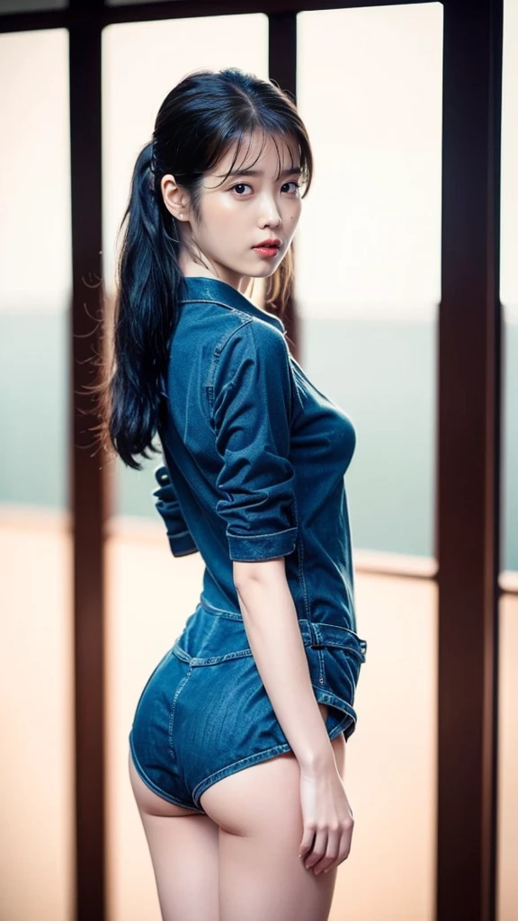 Lee Ji Eun (Best quality, 8k, 32k, Masterpiece, UHD:1.2), ((Composition from head to thighs:1.5)), ((backwards:1.8, Point your small tiny butt at the camera:0.8, Japanese-style room at the ryokan:1.8)), ((Denim suit:1.8)), (smile:1.5), erect nipples, 1 girl, solo, 18-year-old, 7 head and body, Ideal flat ratio body proportions, black hair, With bangs, small breasts, slender, small butt, beautiful feet, skinny legs, Surrealism, cinematic lighting, Depth of bounds written, first person perspective, Breasts F/1.8, 135mm, ticker, muste piece, curate, ((anatomically correct:1.3)), textured skin, super detail, high details, high quality, Awards, best quality, High resolution, 8K