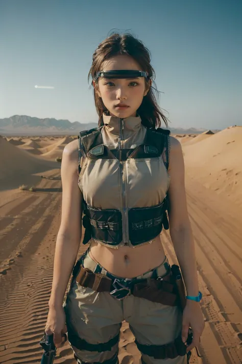 (1girl), ((desert combat outfit, holding weapon, tactical goggles, bullet vest, fully clothed:1.4)), ((small breasts, rounded br...