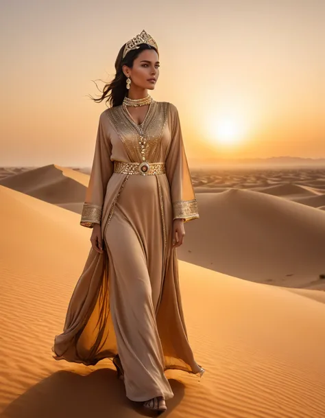 a arabic desert princess standing gracefully on a desert sand dune, intricate golden tiara catching the sun's rays, flowing arab...