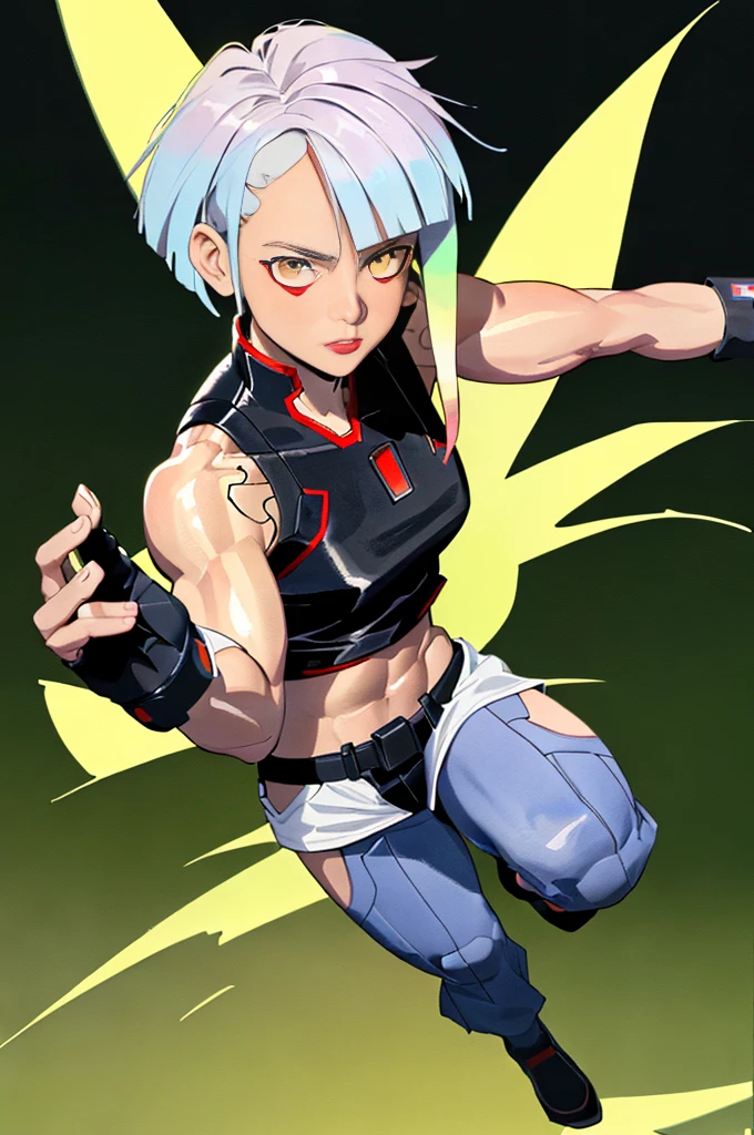 wmma, fingerless gloves, lu1, cyborg, multicolored hair, makeup, midriff, toned, stage lights, fence,  son_goku, super_saiyan, yellow_hair, yellow_eyes, aura, fighting stance, holding pikachu with one hand, (masterpiece),shouting,high contrast, pastel colors, watercolor \(medium\), (illustration:1.2), 1 man,full body, (muscular:1.3),(Budo uniform:1.2), solo, (detailed background:1.4), hyper detailed, highly detailed, beautiful, small details, ultra detailed, best quality, intricate, sharp, digital illustration, detailed, intricate, 4k, 8k, good anatomy, beautiful lighting, award-winning, highres, (extremely detailed CG, unity, 8k wallpaper:1.1), highly detailed face, zoomout, colorful, vibrant colors
