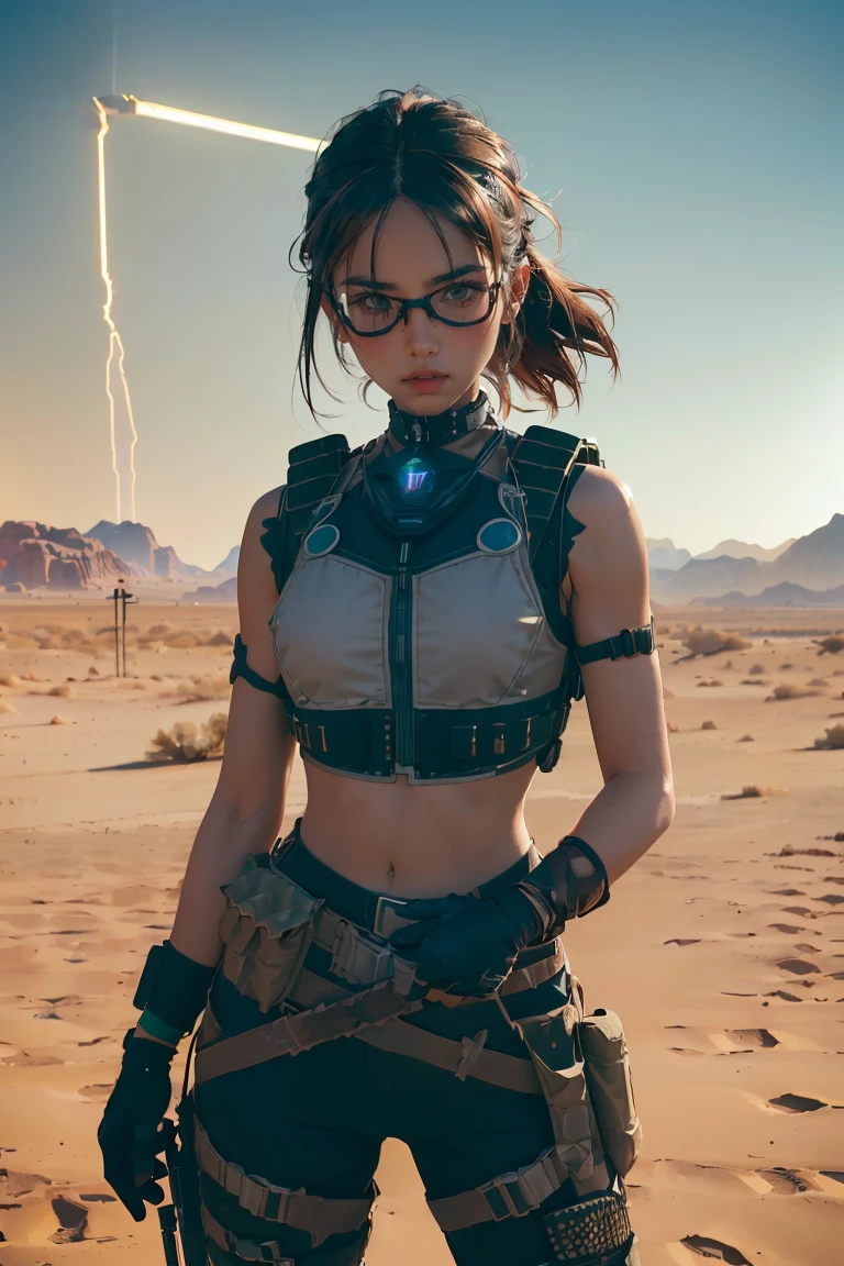 (1girl), ((desert combat outfit, holding weapon, tactical goggles, bullet vest, Fully clothed:1.4)), ((small Breasts, rounded breasts:1.3)), ((accentuated breast, large pelvic, wide hip, midriff, narrow waist, curvy waist:1.2)), ((slim, skinny waist, slender, skinny stomach:1.2)), modern hairstyle, colour streaked hair, hair highlights, ((smug face)), ((tattoo:1.1)),
masterpiece, best quality, realistic, ultra highres, depth of field, (full dual colour neon lighting:1.2), (detailed face:1.2), (detailed eyes:1.2), (detailed background:1.2), (desert, action sequences, cinematic lighting, desert storm:1.2) (masterpiece:1.2), (ultra detailed), (best quality), intricate, comprehensive cinematic, magical photography, (gradients), colorful, detailed landscape, visual key, shiny skin,