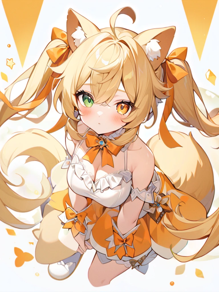 1girl, animal ears, bangs, bare shoulders, blonde hair, blush, bow, breasts, white cleavage, cropped torso, , green eyes, hair ribbon, heterochromia,  stlooking at viewer, , orange bow, orange eyes, orange ribbon, ears like an unearthly animal, fluffy tail, light tail, real tail, ribbon, solo, stuffed animal, stuffed bunny, stuffed toy, twintails, upper body, full-length, white legbands, white shoes with lace and white bows, white background, wrist cuffs, yellow eyes, bloomers, close-up, fair skin frills, lace, midriff, skirt, solo, , white background,shorts, white top with ribbon and lace and trousers,trousers, genshin,white slippers with a bow,All clothes are white, laceAt full height, it stands, в полный рост