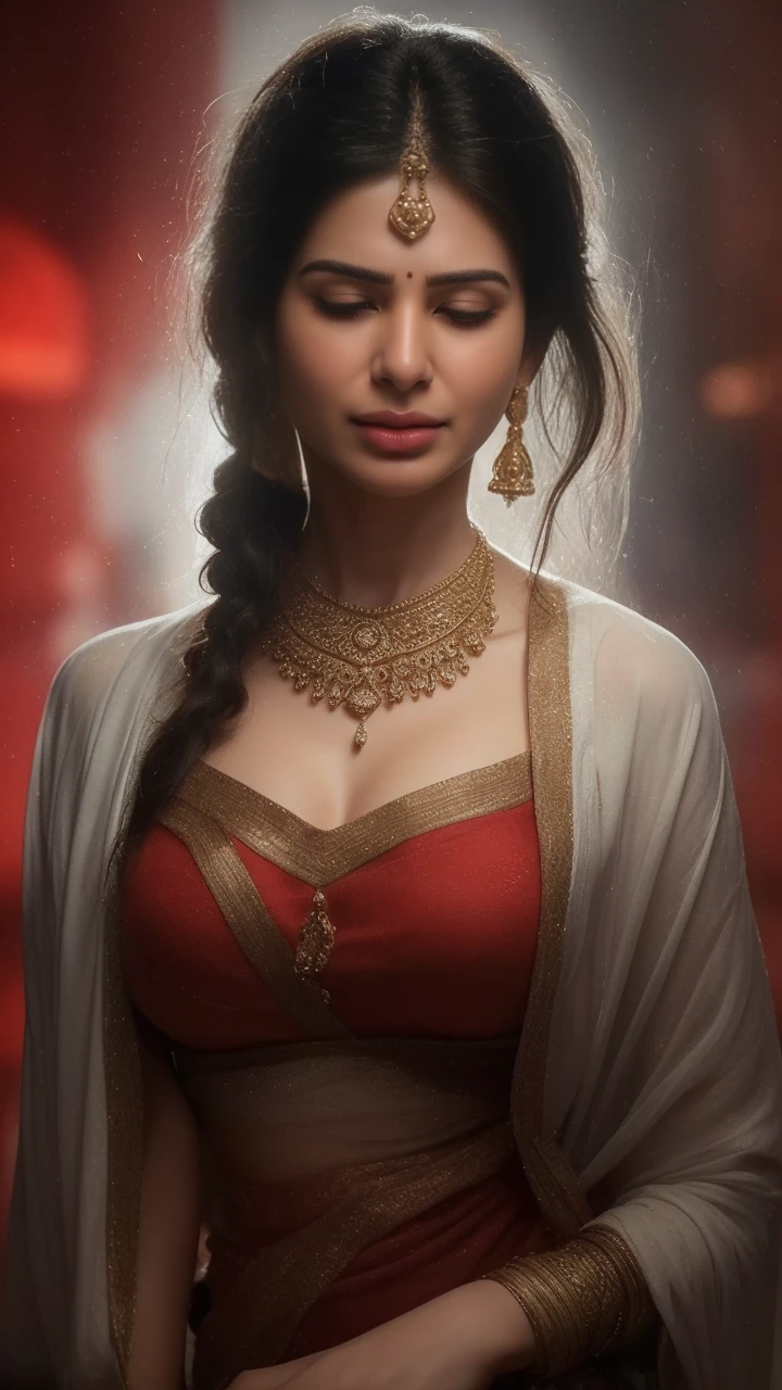 Day scene, close up photo of a sexy indian, sexy navel, deep cleavage, french braid hair, necklace, erotic face, 34 yo, look at viewer and seductive smile, (cinematic:1.3), intricate details, (ArtStation:1.2),Indian busty gorgeously prettiest lady(face lookinlike Indian actress(beautiful face, beautiful nose, beautiful eyes , beautiful lips ),((realistic Samantha facial harmony facial features lips eyes looks )), ((wearing white tight traditional saree sliver necklace waist belt bangles,red bindi on forehead )),(((huge gigantic breast)),((lying on bed)), hands behind head, showing her armpits,,((open mouth Full closed eyes groaning expression))(((pale white skin tone white skin tone snow white skin tone white skin tone snow white skin tone))),((open mouth Full closed eyes in pleasure groaning expression))