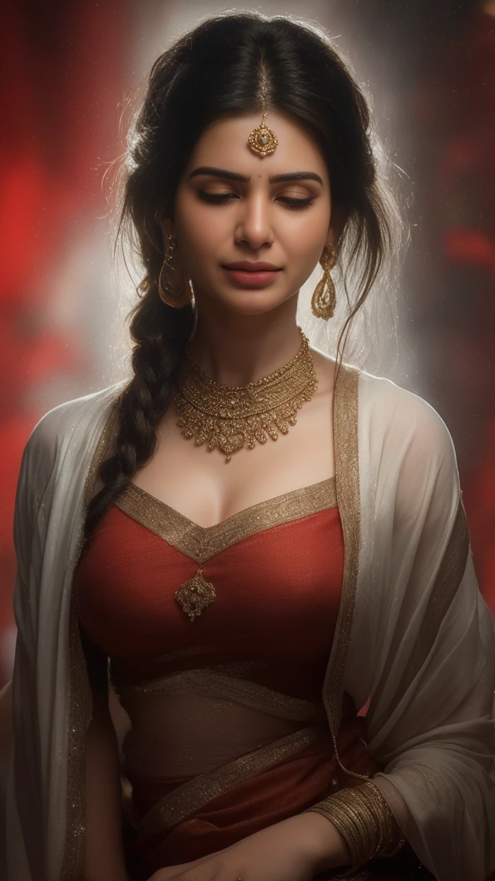 Day scene, close up photo of a sexy indian, sexy navel, deep cleavage, french braid hair, necklace, erotic face, 34 yo, look at viewer and seductive smile, (cinematic:1.3), intricate details, (ArtStation:1.2),Indian busty gorgeously prettiest lady(face lookinlike Indian actress(beautiful face, beautiful nose, beautiful eyes , beautiful lips ),((realistic Samantha facial harmony facial features lips eyes looks )), ((wearing white tight traditional saree sliver necklace waist belt bangles,red bindi on forehead )),(((huge gigantic breast)),((lying on bed)), hands behind head, showing her armpits,,((open mouth Full closed eyes groaning expression))(((pale white skin tone white skin tone snow white skin tone white skin tone snow white skin tone))),((open mouth Full closed eyes in pleasure groaning expression))