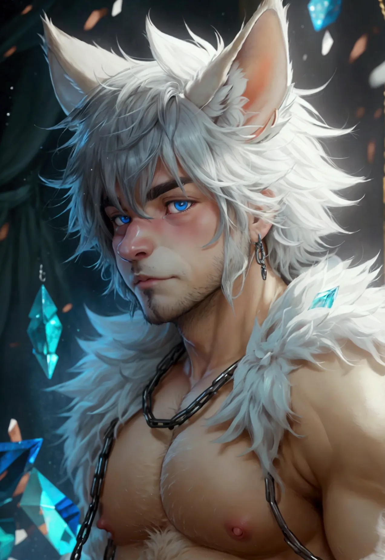 furry，wolf boy，White skin，crystal blue eyes，Unique fluffy tail，gray fur，short detailed hair，naked ,anime style, chained, beefy d...