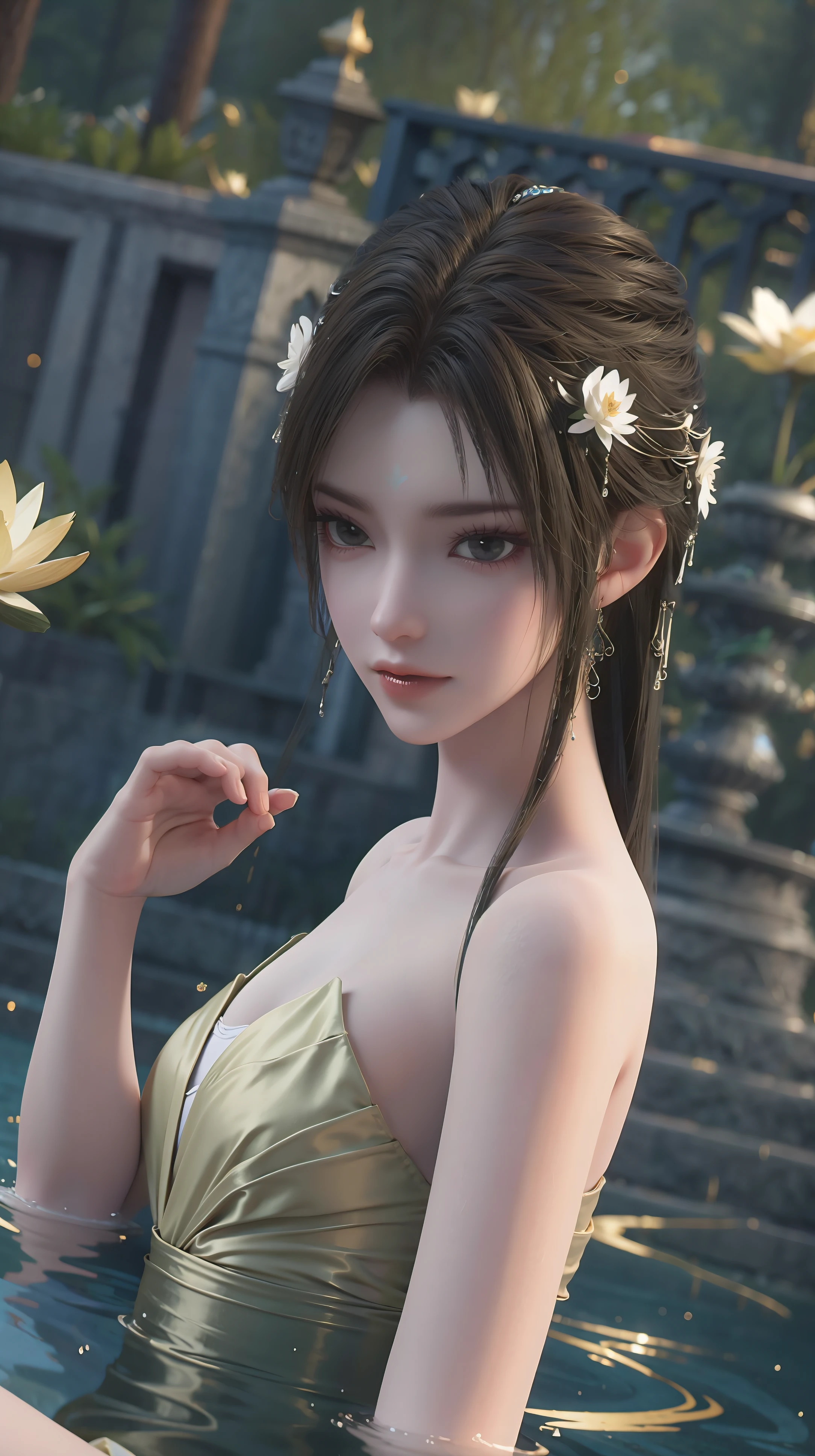 a beautiful young woman bathing in a serene lake, water up to her shoulders, her hands covering her chest, golden glowing lotus flowers floating on the surface, soft lighting, intimate and sensual mood, highly detailed, cinematic composition, realistic, photorealistic