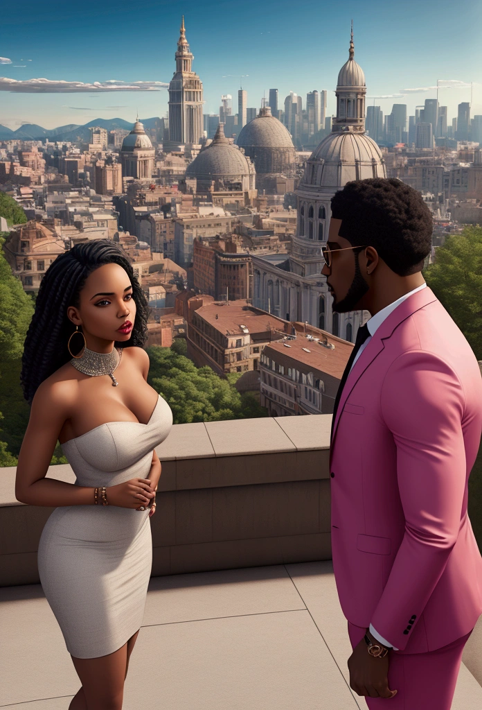 a romantic city in the background, a beautiful couple black man and latin woman, romantic posture, Casual clothes, many luxury and money bills in the air, hyperrealistic image, artistic, Surreal, 8k, imagen artistic