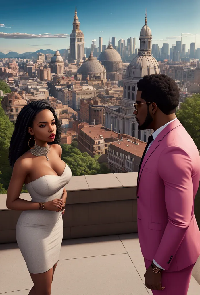 a romantic city in the background, a beautiful couple black man and latin woman, romantic posture, casual clothes, many luxury a...