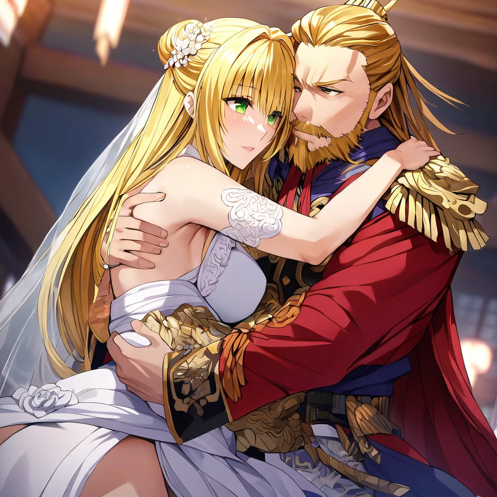 ((Highest quality)), ((masterpiece)), (detailed), （Perfect Face）、The woman is Tiare, with green eyes and medium-long blonde hair.、The woman is a beautiful ancient Chinese military commander who was chosen by the emperor and is now a bride at her wedding.、The woman is being held in the arms of the emperor and is happily kissing him as a promise.、The emperor is a man, middle-aged and dignified with a beard.