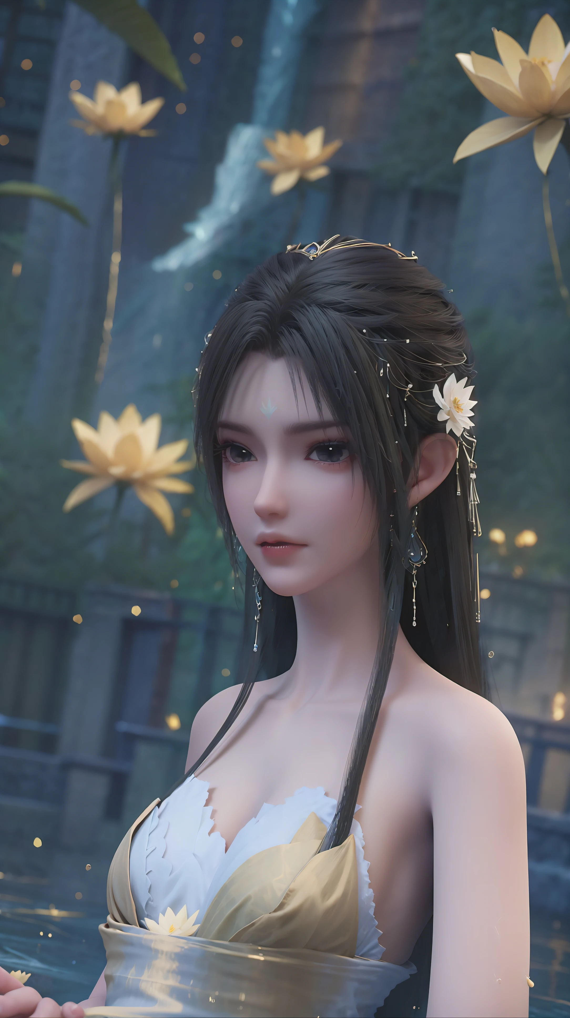 a beautiful young woman bathing in a serene lake, water up to her shoulders, her hands covering her chest, golden glowing lotus flowers floating on the surface, soft lighting, intimate and sensual mood, highly detailed, cinematic composition, realistic, photorealistic