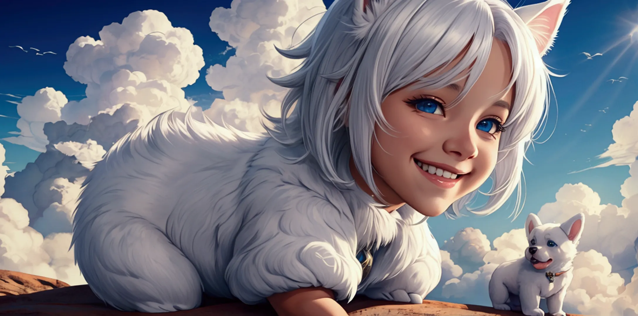 Riding on the clouds　puppy　cute　White hair　smile