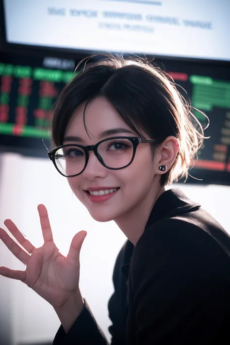 a girl with short hair, wearing transparent glasses, smiling and raising her hand, in a stock market setting, half-body shot, sm...