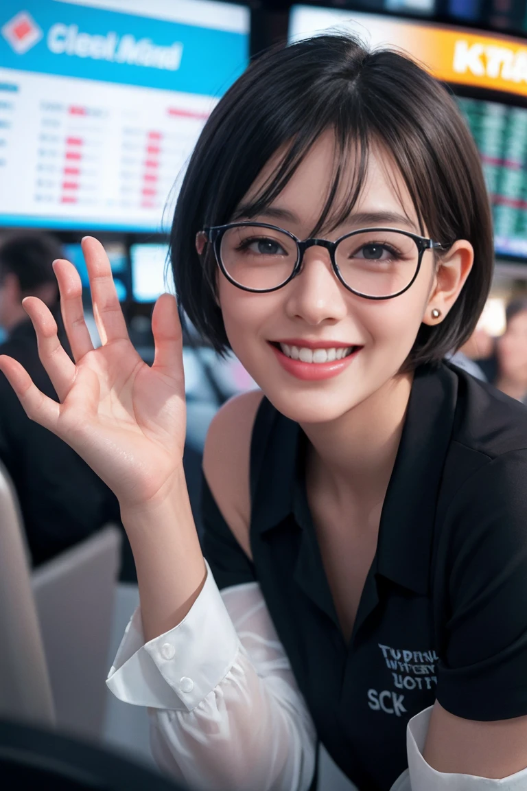 a girl with short hair, wearing transparent glasses, smiling and raising her hand, in a stock market setting, half-body shot, small ears, high quality, non-deformed, extremely detailed facial features, hyper realistic, 8k, photorealistic, vibrant colors, dramatic lighting, cinematic, beautiful, elegant, dynamic pose
