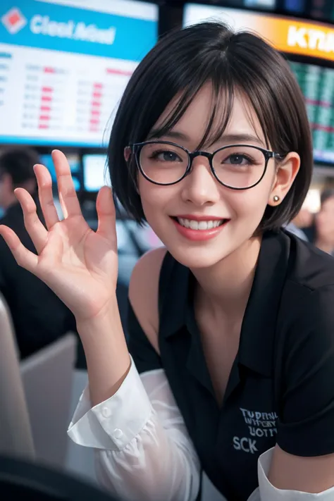 a girl with short hair, wearing transparent glasses, smiling and raising her hand, in a stock market setting, half-body shot, sm...