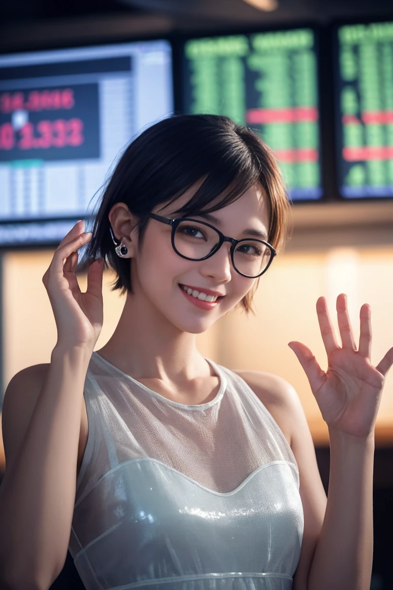 a girl with short hair, wearing transparent glasses, smiling and raising her hand, in a stock market setting, half-body shot, small ears, high quality, non-deformed, extremely detailed facial features, hyper realistic, 8k, photorealistic, vibrant colors, dramatic lighting, cinematic, beautiful, elegant, dynamic pose
