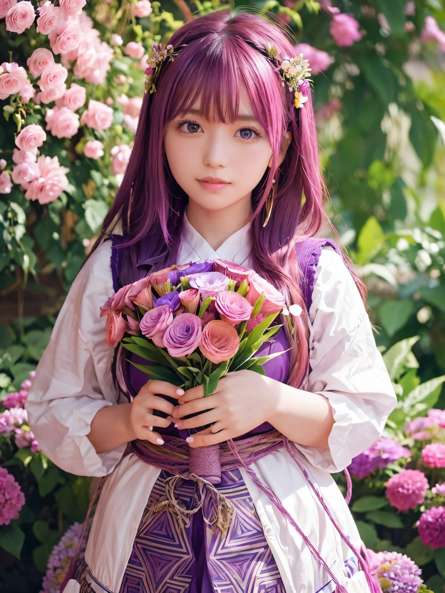 (ultra-Detailed Background, Detailed Background), Absurd, High resolution, Super detailed, Very detailed, One girl, yae miko, Pink Hair, Purple eyes, (bouquet:1.3), (Tangled:1.2), (Geometric:1.2),(colorful),