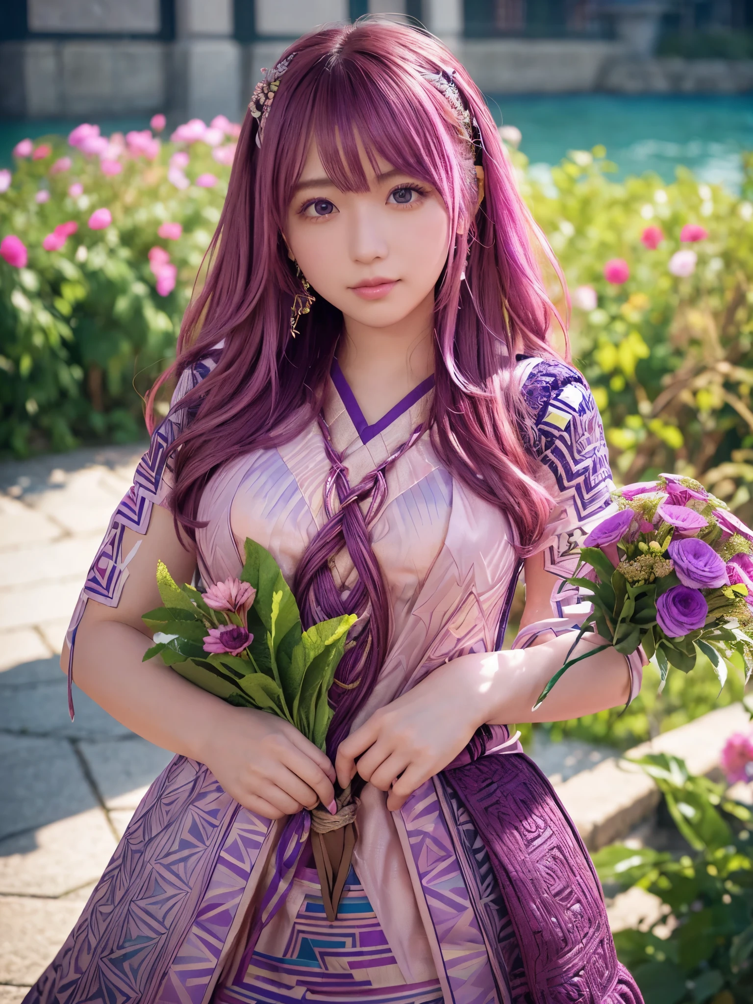 (ultra-Detailed Background, Detailed Background), Absurd, High resolution, Super detailed, Very detailed, One girl, yae miko, Pink Hair, Purple eyes, (bouquet:1.3), (Tangled:1.2), (Geometric:1.2),(colorful),